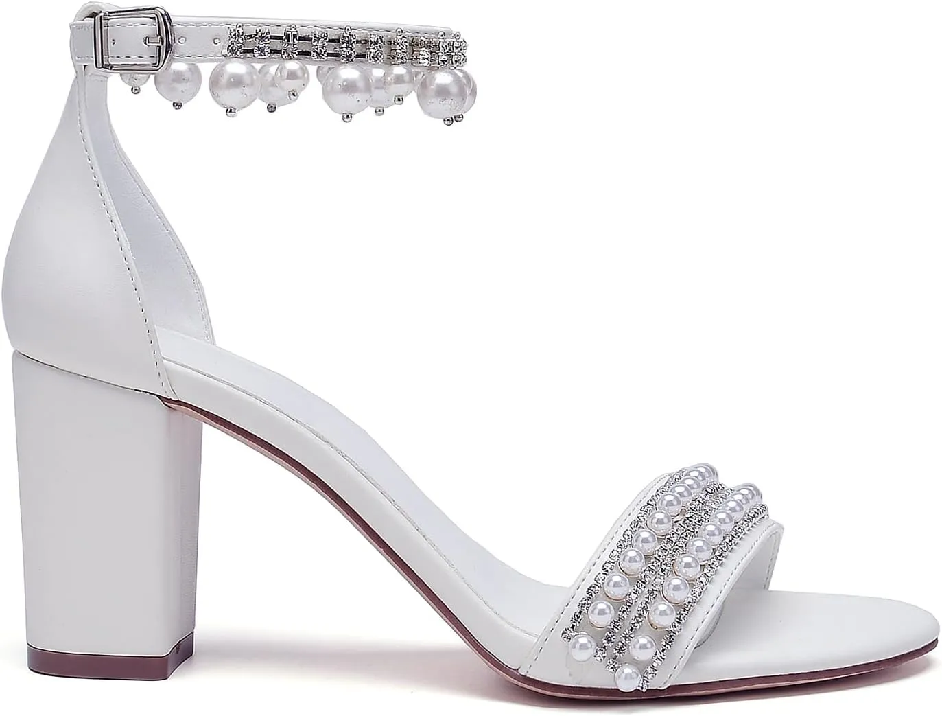 Open Toe Pearl High Heels Sandals Wedding Shoes for Bride Chunky Block Heels with Bow Bridal Shoes for Women Strappy Ankle Strap Sandals Pumps