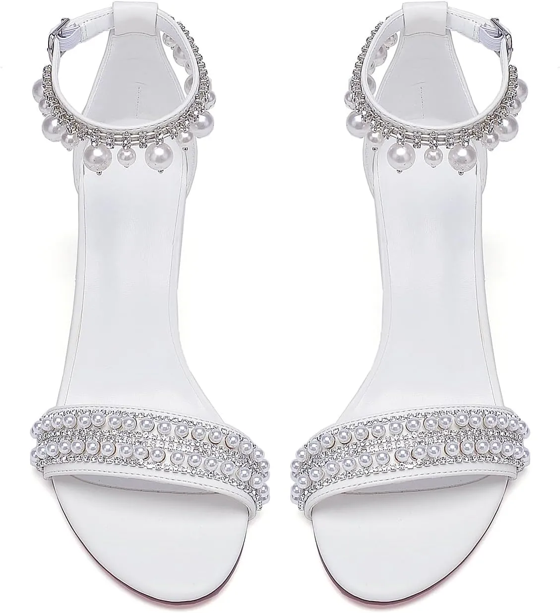 Open Toe Pearl High Heels Sandals Wedding Shoes for Bride Chunky Block Heels with Bow Bridal Shoes for Women Strappy Ankle Strap Sandals Pumps