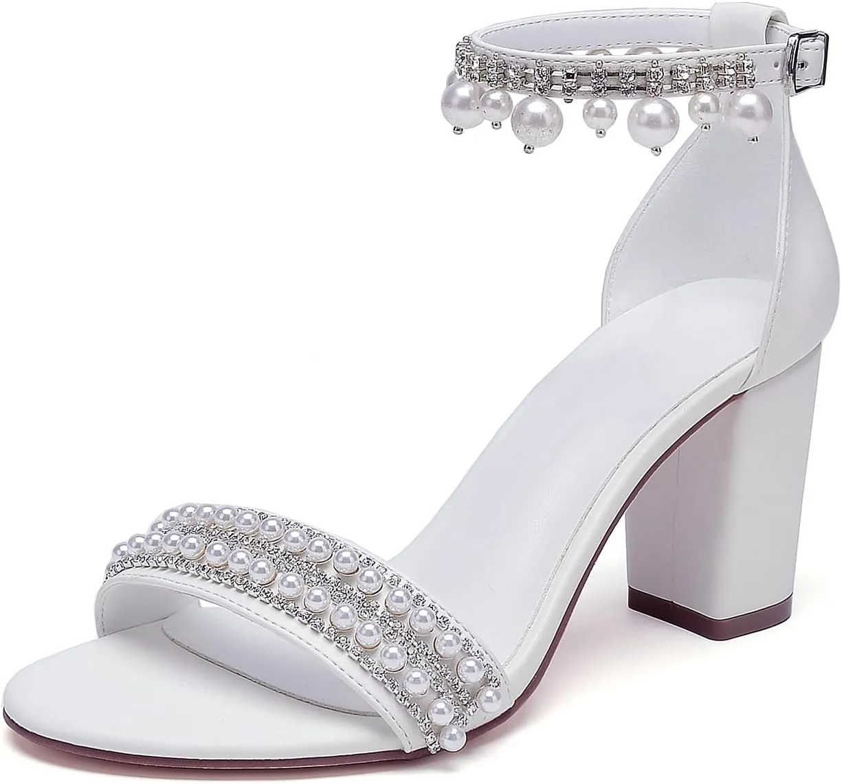 Open Toe Pearl High Heels Sandals Wedding Shoes for Bride Chunky Block Heels with Bow Bridal Shoes for Women Strappy Ankle Strap Sandals Pumps