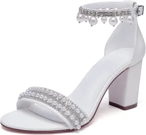 Open Toe Pearl High Heels Sandals Wedding Shoes for Bride Chunky Block Heels with Bow Bridal Shoes for Women Strappy Ankle Strap Sandals Pumps