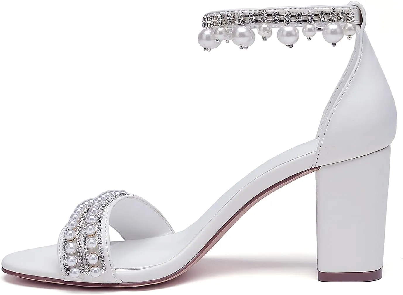 Open Toe Pearl High Heels Sandals Wedding Shoes for Bride Chunky Block Heels with Bow Bridal Shoes for Women Strappy Ankle Strap Sandals Pumps