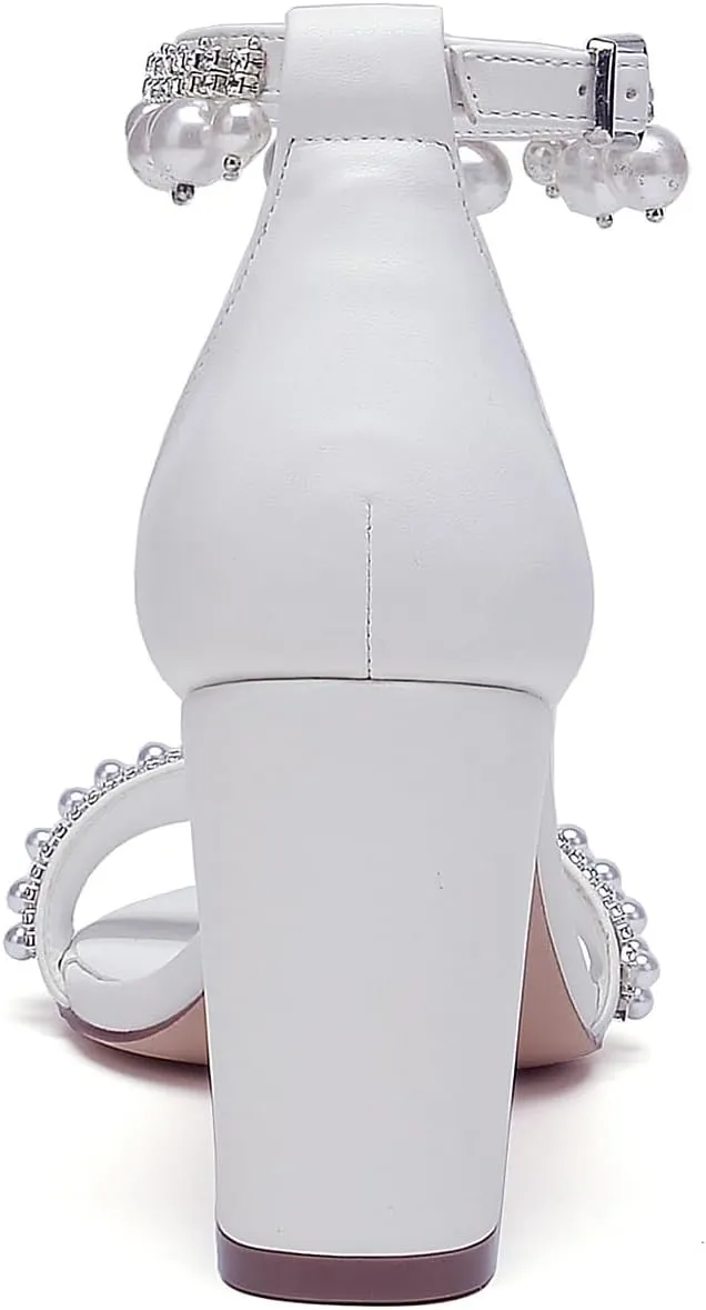 Open Toe Pearl High Heels Sandals Wedding Shoes for Bride Chunky Block Heels with Bow Bridal Shoes for Women Strappy Ankle Strap Sandals Pumps