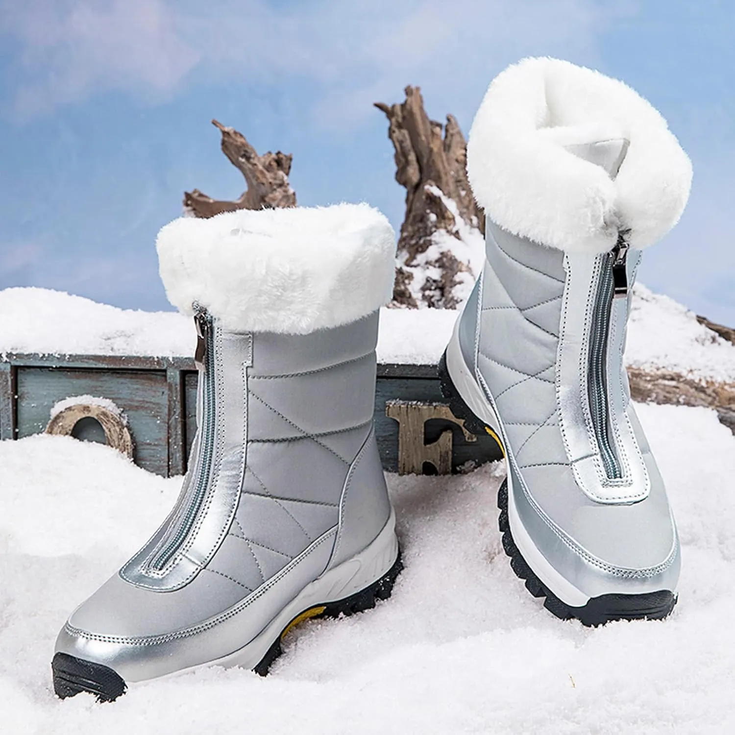 Optigard Women's High Top Snow Boots with Zipper,Warm Fur Lined Winter Waterproof Thick Sole Ankle Boots Slip-On Outdoor Comfortable Anti-Slip Walking Boots