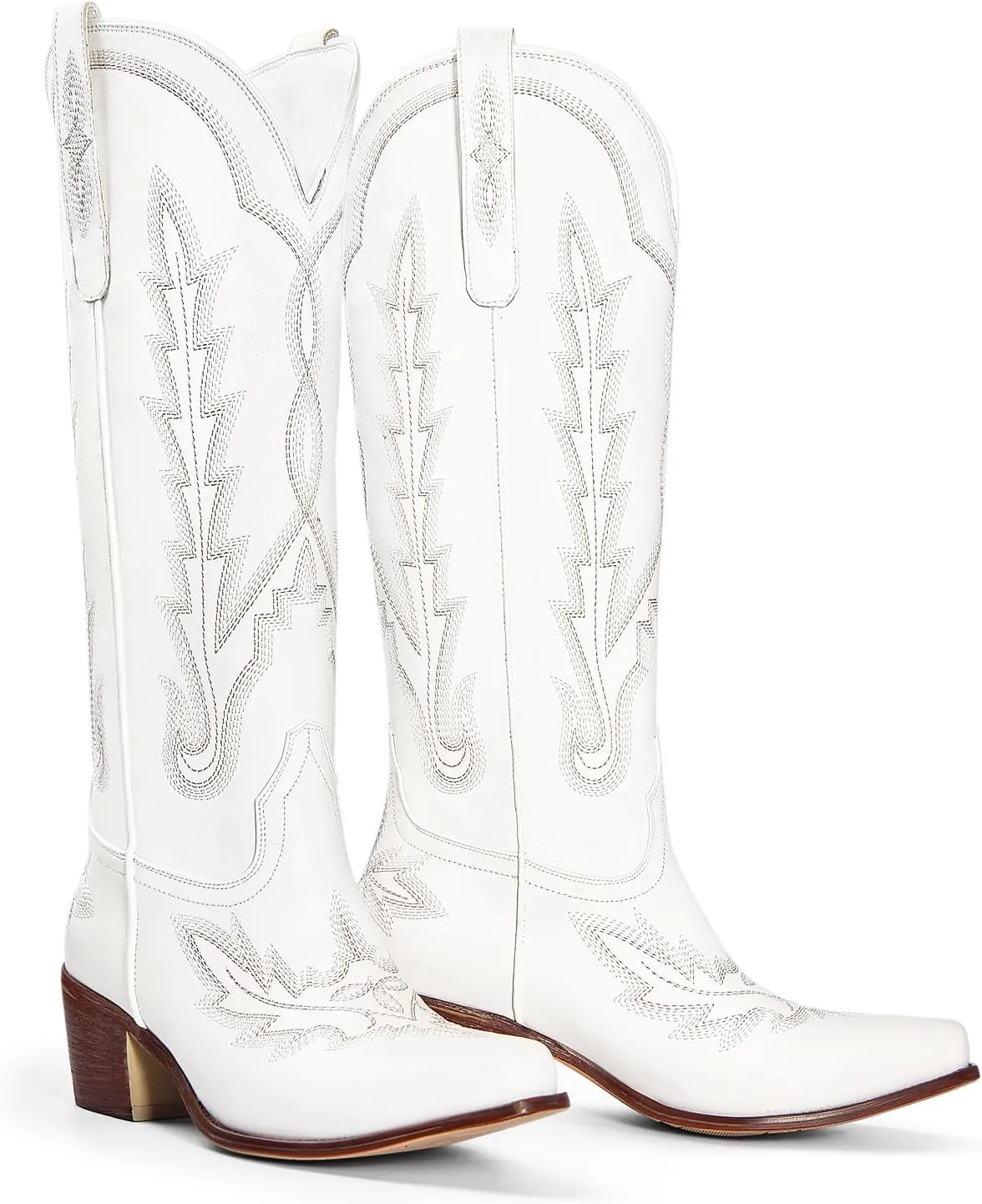Ouepiano Cowboy Boots for Women Knee High Cowgirl Boots with Classic Embroidered Slip On Pointed Toe Chunky Heel Pull On Fashion Retro Tall Boot
