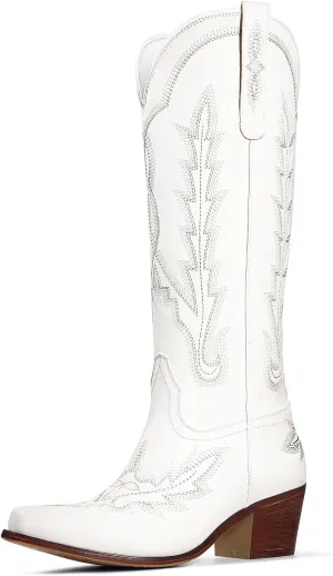 Ouepiano Cowboy Boots for Women Knee High Cowgirl Boots with Classic Embroidered Slip On Pointed Toe Chunky Heel Pull On Fashion Retro Tall Boot