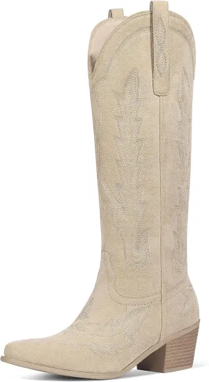 Ouepiano Cowboy Boots for Women Knee High Cowgirl Boots with Classic Embroidered Slip On Pointed Toe Chunky Heel Pull On Fashion Retro Tall Boot