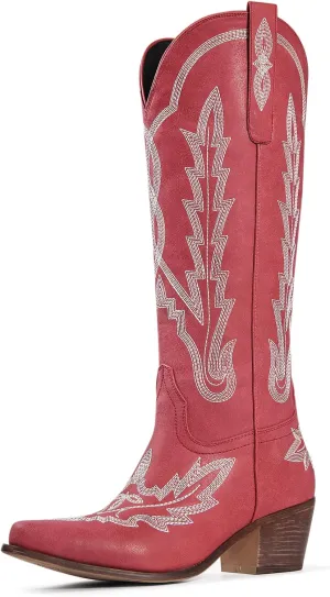 Ouepiano Cowboy Boots for Women Knee High Cowgirl Boots with Classic Embroidered Slip On Pointed Toe Chunky Heel Pull On Fashion Retro Tall Boot