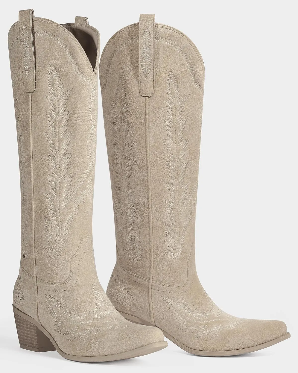 Ouepiano Cowboy Boots for Women Knee High Cowgirl Boots with Classic Embroidered Slip On Pointed Toe Chunky Heel Pull On Fashion Retro Tall Boot