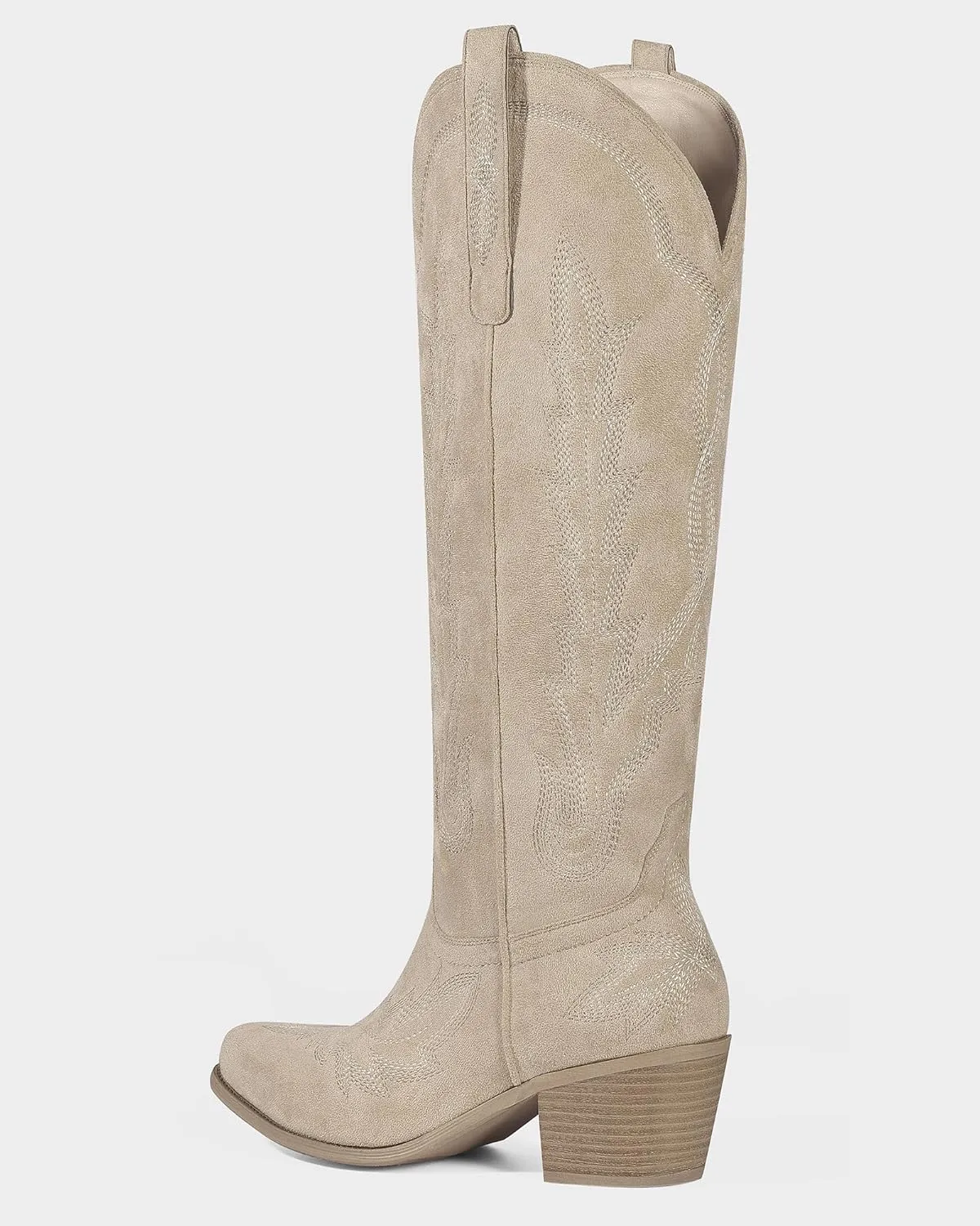 Ouepiano Cowboy Boots for Women Knee High Cowgirl Boots with Classic Embroidered Slip On Pointed Toe Chunky Heel Pull On Fashion Retro Tall Boot