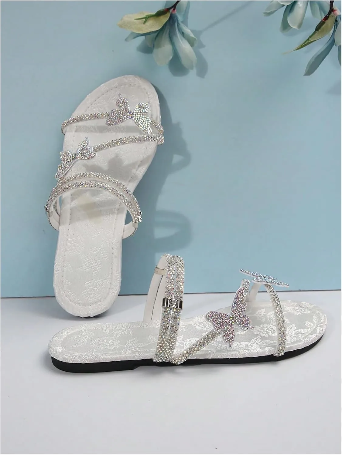 OYOANGLE Women's Rhinestone Butterfly Flat Sandals Strappy Open Toe Slip On Slides Casual Elegant Slippers