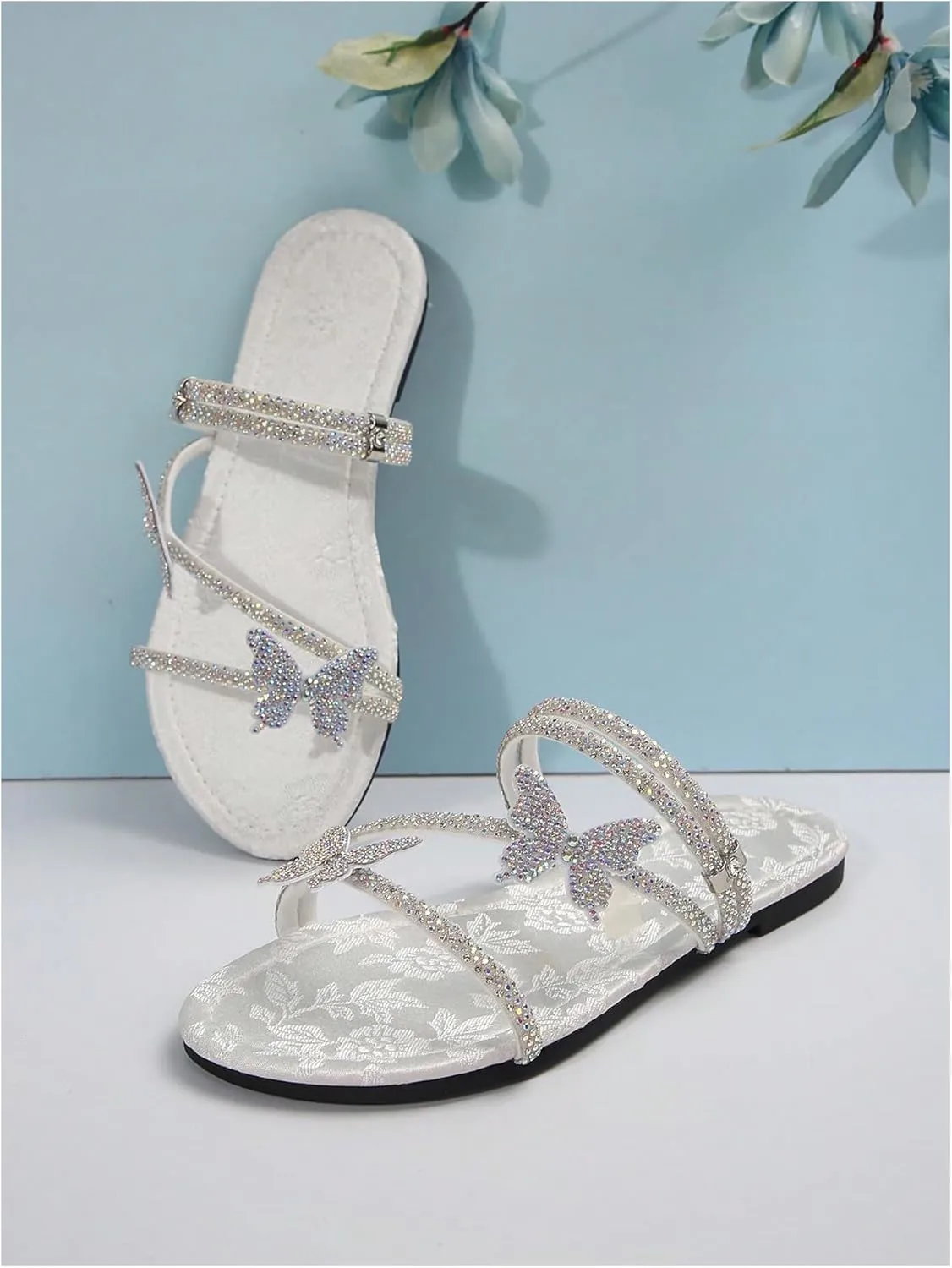 OYOANGLE Women's Rhinestone Butterfly Flat Sandals Strappy Open Toe Slip On Slides Casual Elegant Slippers