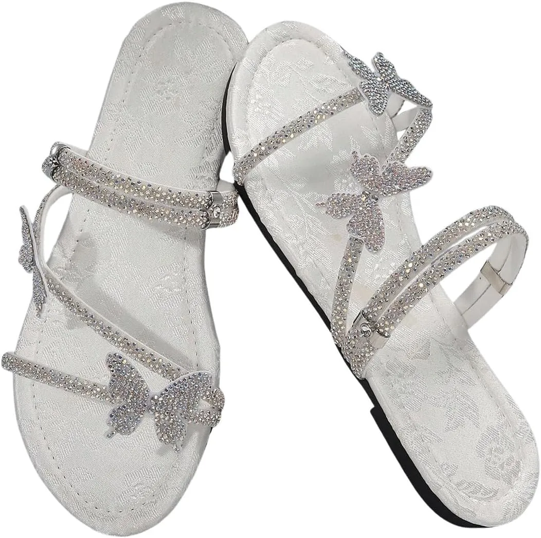 OYOANGLE Women's Rhinestone Butterfly Flat Sandals Strappy Open Toe Slip On Slides Casual Elegant Slippers