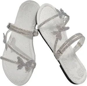 OYOANGLE Women's Rhinestone Butterfly Flat Sandals Strappy Open Toe Slip On Slides Casual Elegant Slippers