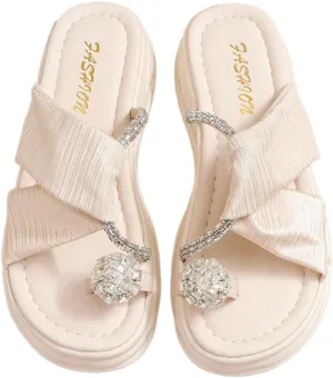 OYOANGLE Women's Rhinestone Crossed Strap Toe Ring Sandals Comfy Platform Flip Flops Elegant Outdoor Slippers