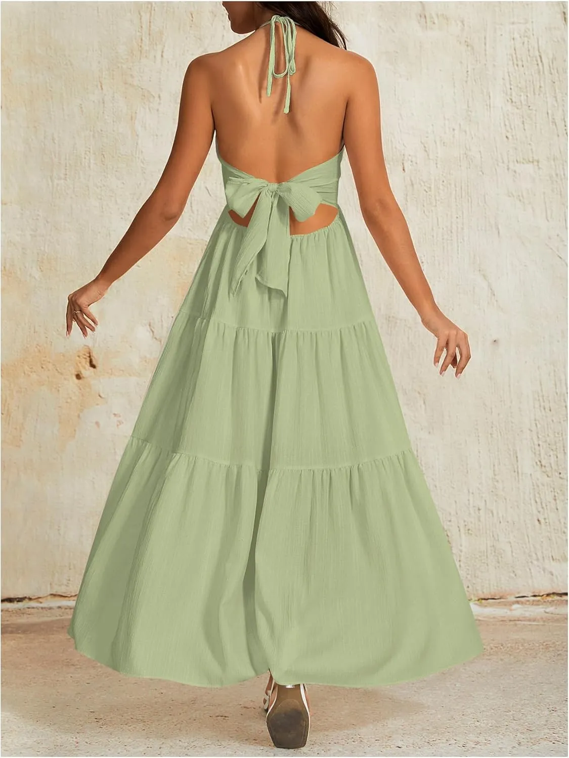 OYOANGLE Women's V Neck Tie Backless Halter Dress Ruched Flowy Vacation Maxi Dresses