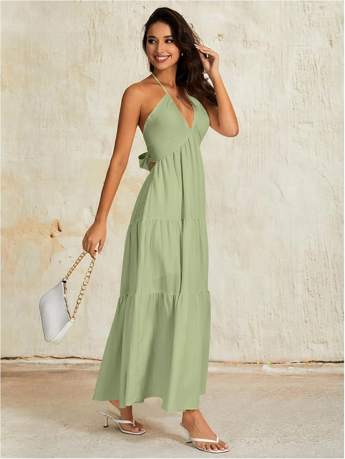 OYOANGLE Women's V Neck Tie Backless Halter Dress Ruched Flowy Vacation Maxi Dresses