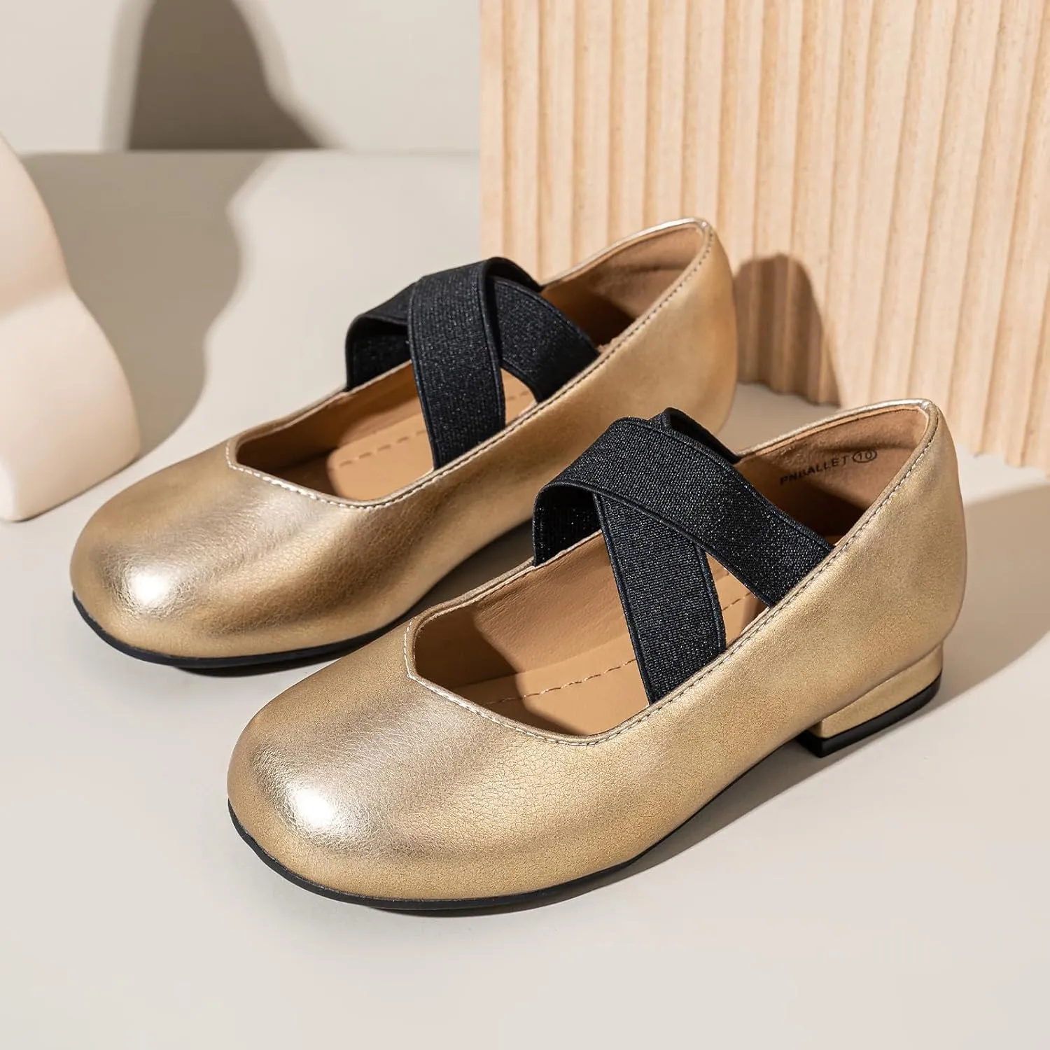 PANDANINJIA Girls Dress Shoes Ballet Flats Mary Jane Elastic Cross Strap Little Big Kid Low Heels Flower Girl Shoes