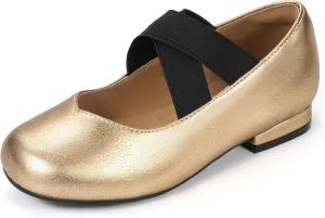 PANDANINJIA Girls Dress Shoes Ballet Flats Mary Jane Elastic Cross Strap Little Big Kid Low Heels Flower Girl Shoes