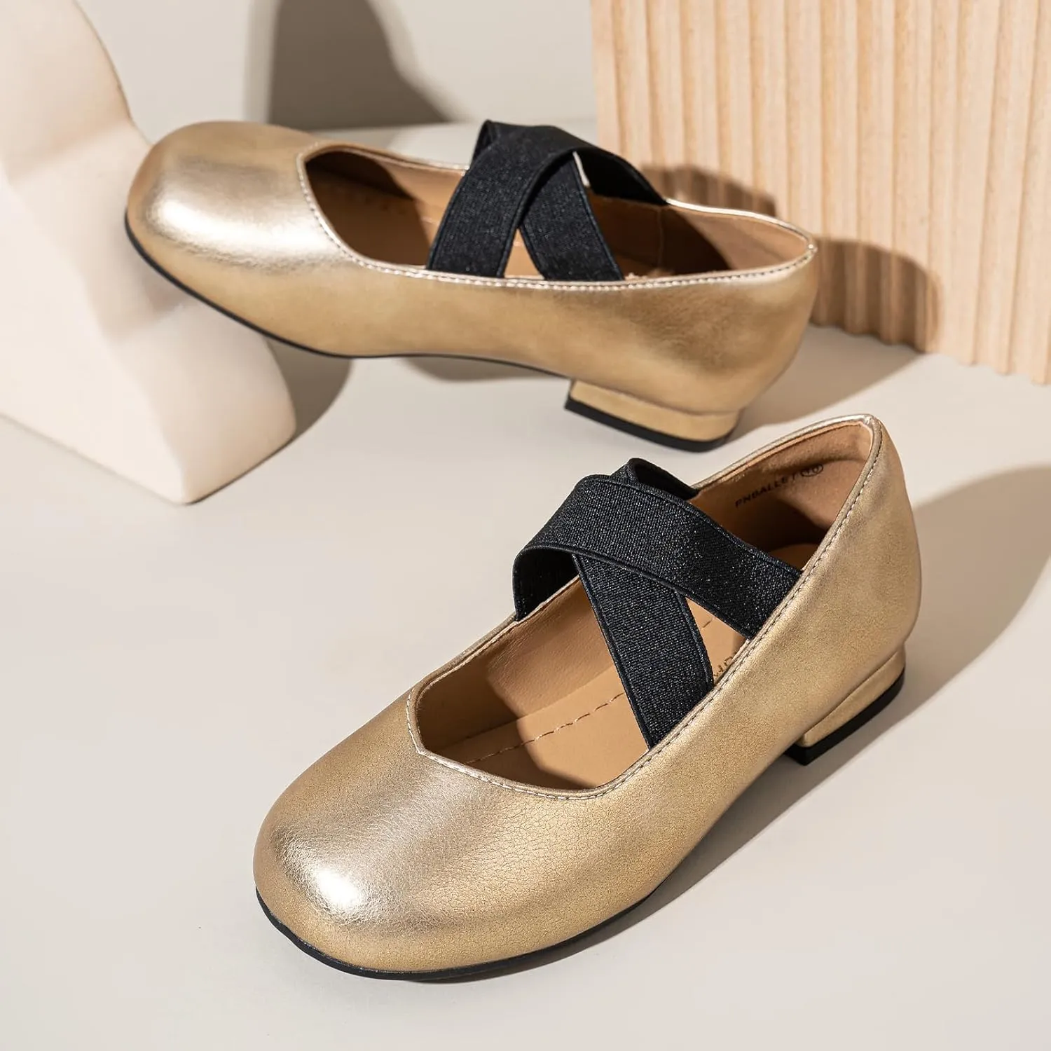 PANDANINJIA Girls Dress Shoes Ballet Flats Mary Jane Elastic Cross Strap Little Big Kid Low Heels Flower Girl Shoes