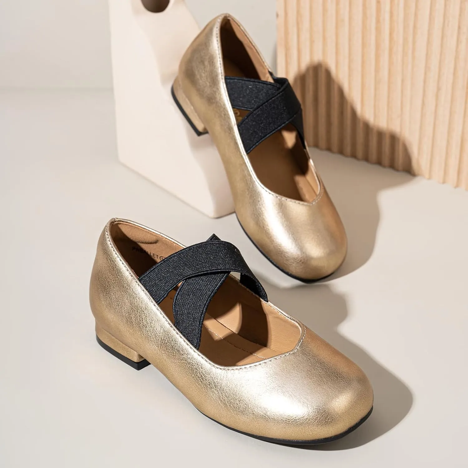 PANDANINJIA Girls Dress Shoes Ballet Flats Mary Jane Elastic Cross Strap Little Big Kid Low Heels Flower Girl Shoes