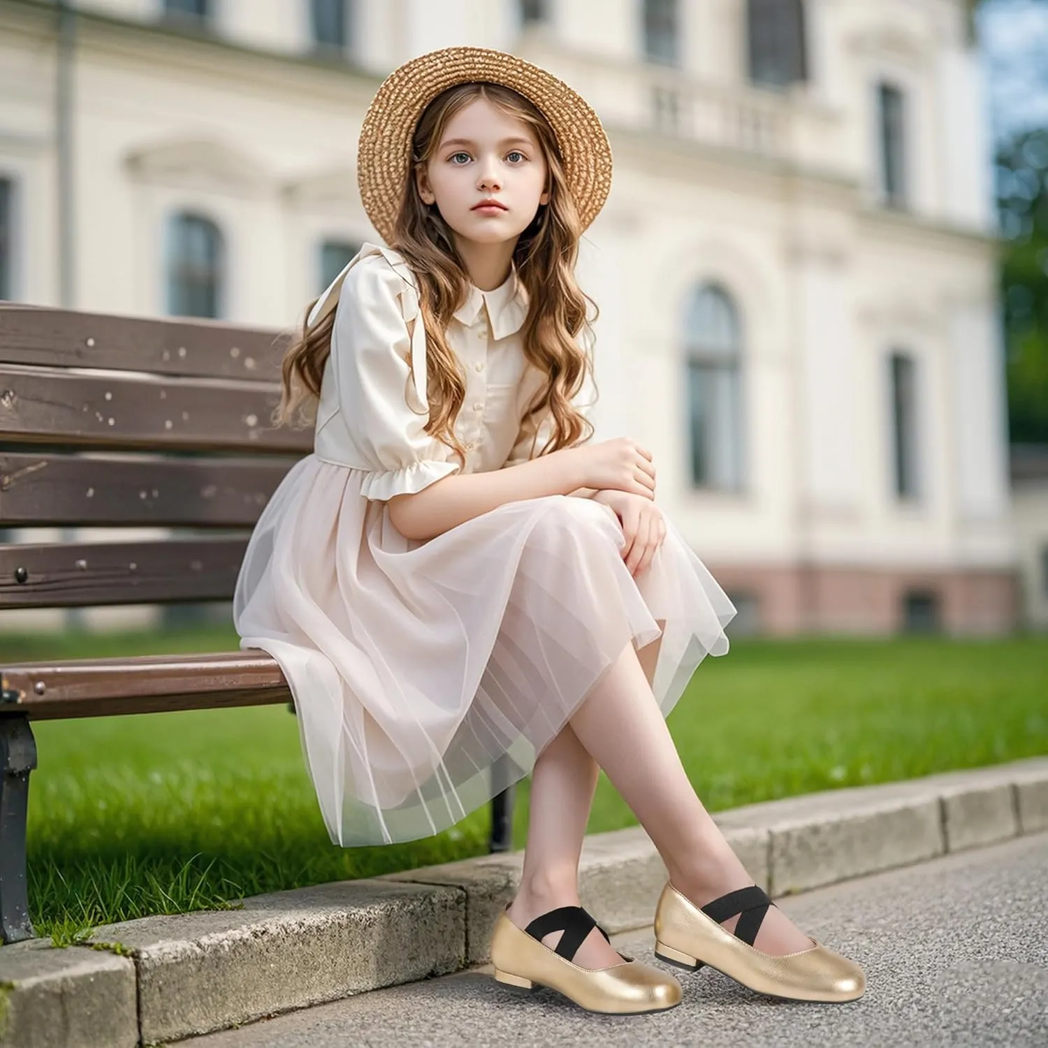 PANDANINJIA Girls Dress Shoes Ballet Flats Mary Jane Elastic Cross Strap Little Big Kid Low Heels Flower Girl Shoes
