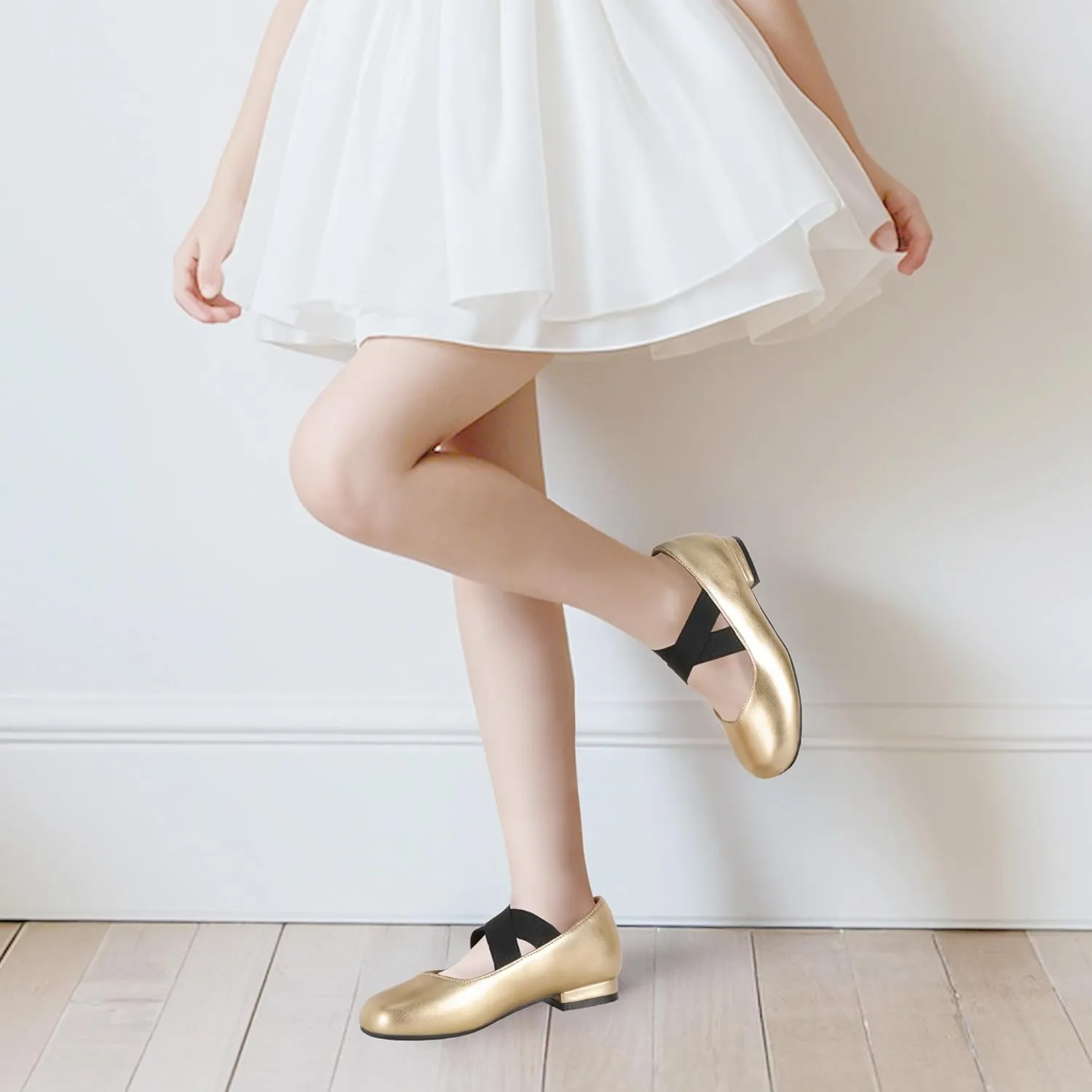 PANDANINJIA Girls Dress Shoes Ballet Flats Mary Jane Elastic Cross Strap Little Big Kid Low Heels Flower Girl Shoes