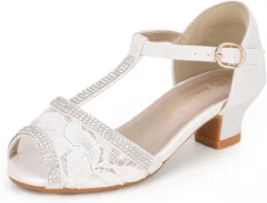 PANDANINJIA Low Girls Heel Dress Shoes T Strap Open Toe Toddler Little White Girls Sandals Size 2 PNPandora Flower Girl Shoes
