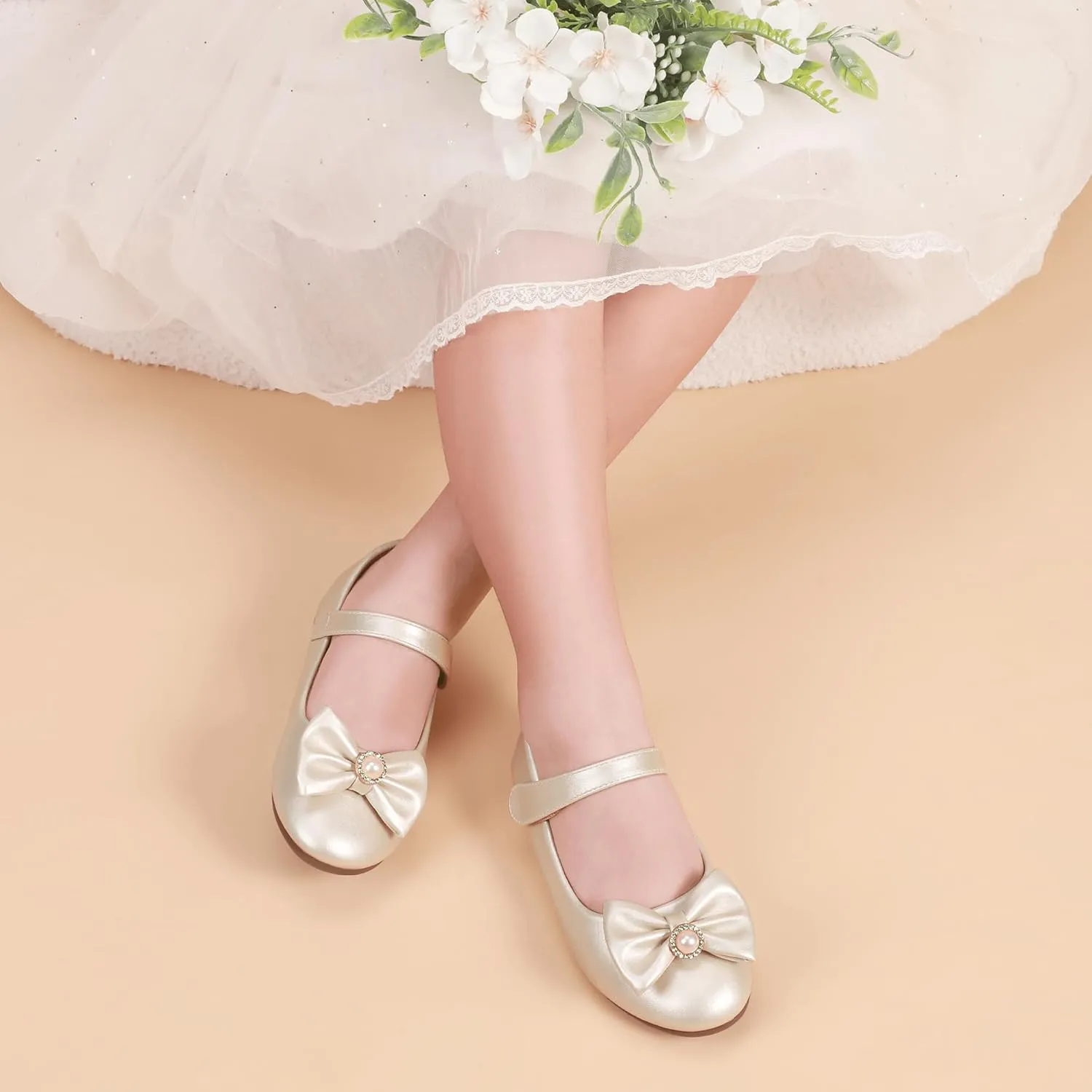 PANDANINJIA Rika Girls Dress Shoes Flower Girl Mary Jane Flats Wedding Party School Shoes for Toddler Little Kid Big Kid