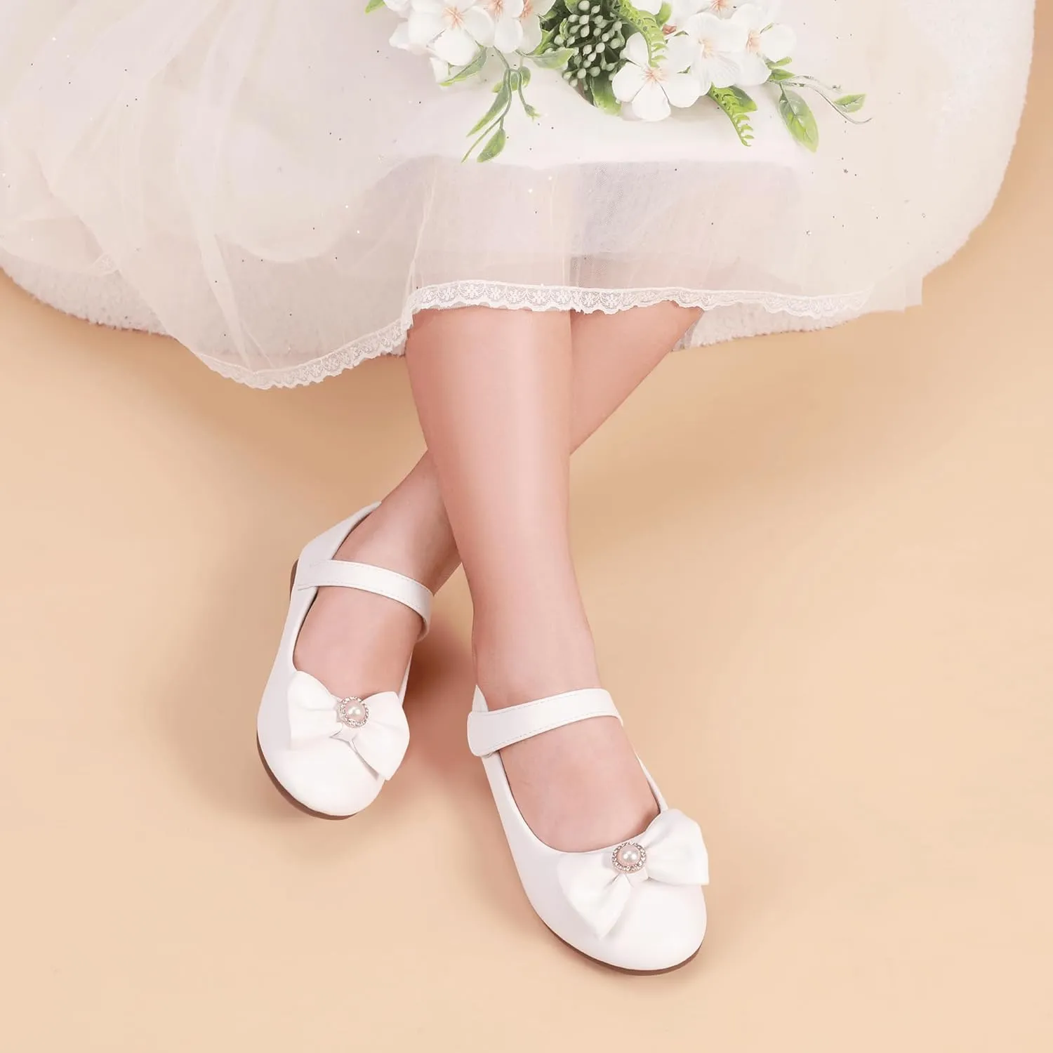 PANDANINJIA Rika Girls Dress Shoes Flower Girl Mary Jane Flats Wedding Party School Shoes for Toddler Little Kid Big Kid