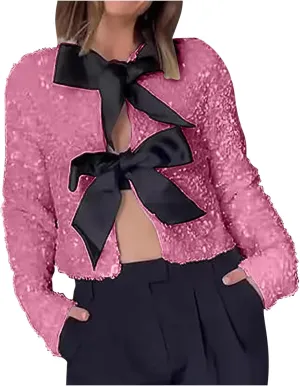 Party Velvet Tops for Women Elegant Sexy Front Bowknot Long Sleeve Shirts Sequin Velour Blouses Solid Cardigan