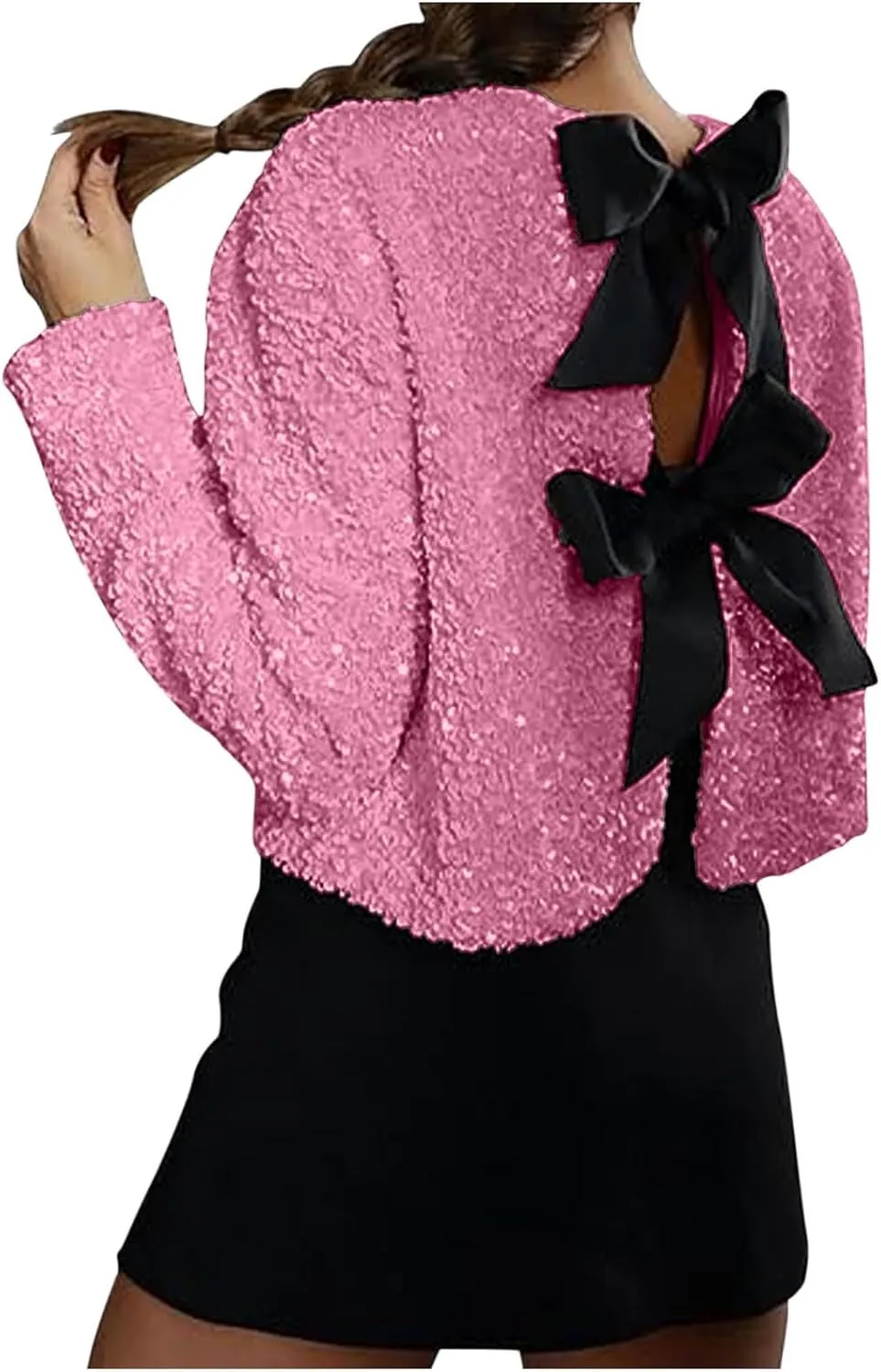 Party Velvet Tops for Women Elegant Sexy Front Bowknot Long Sleeve Shirts Sequin Velour Blouses Solid Cardigan