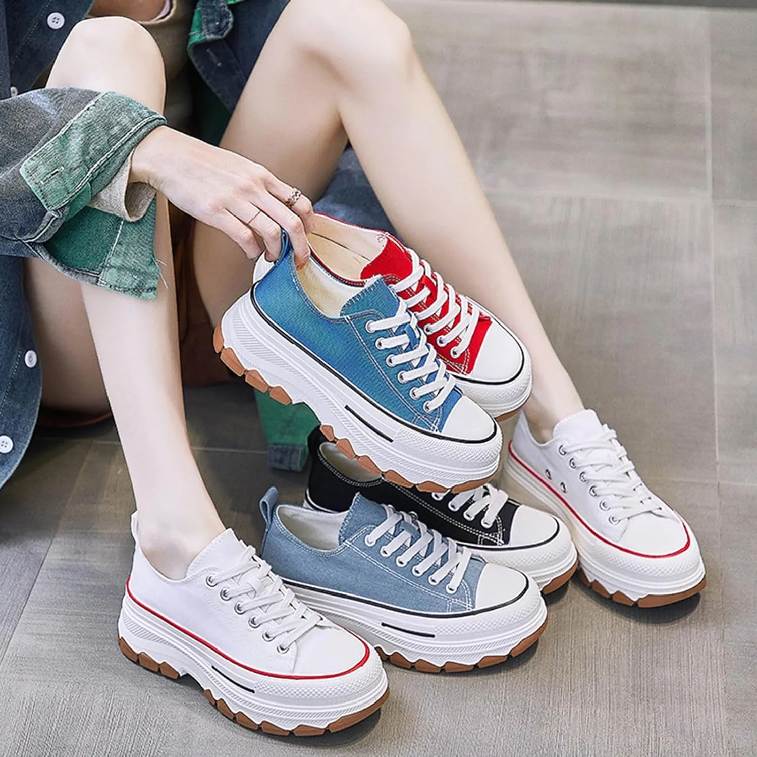Platform Canvas Sneakers for Women Low Top Chunky Canvas Shoes Non Slip Preppy Shoes Breathable Fashion Sneakers