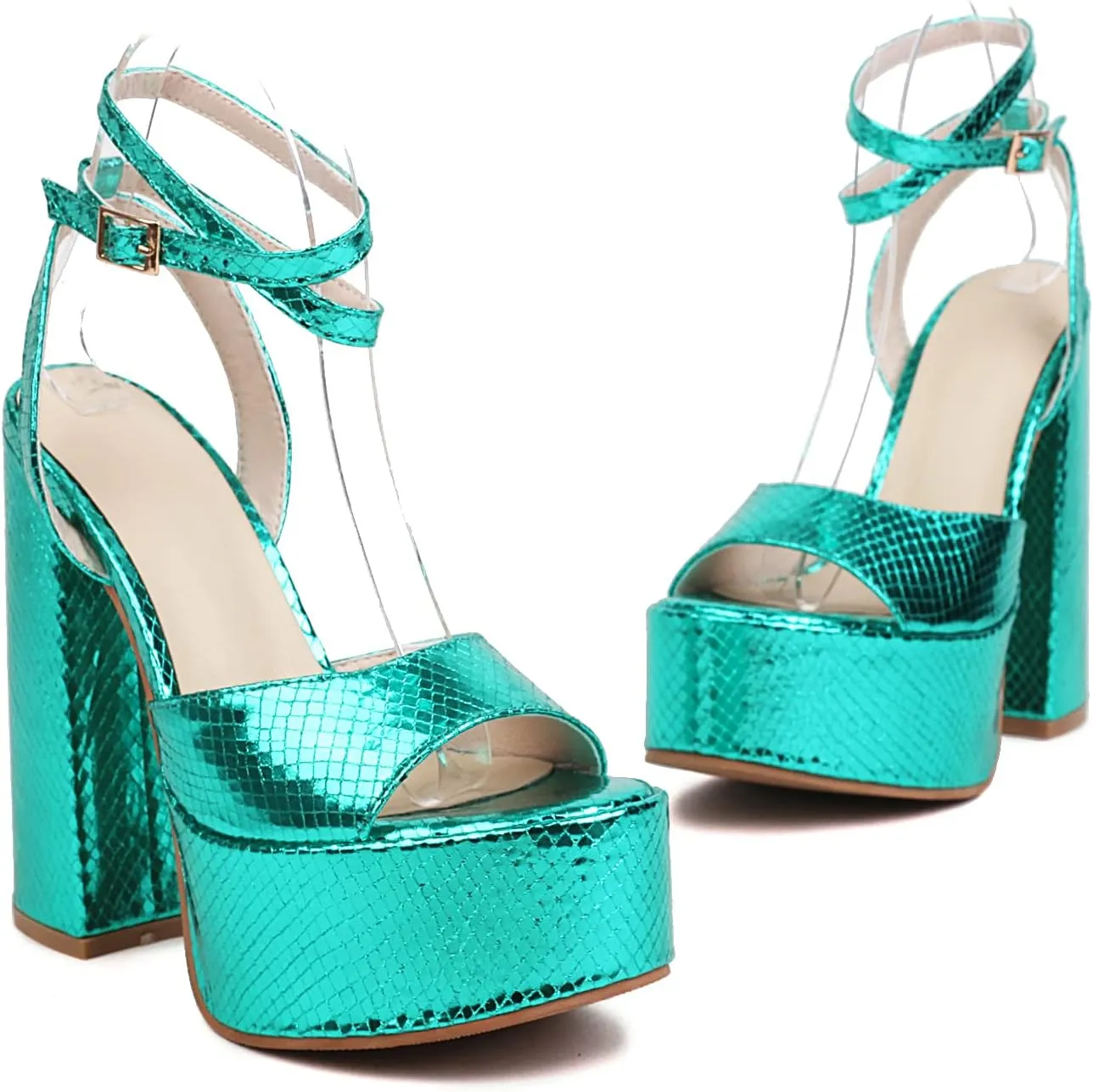 Platform Chunky High Heels Sandals Glitter Sparkle Shoes Metallic Snakeskin Open Toe Block Heel Ankle Wrap Adjustable Buckle Wedding Party Dress Pumps for Women