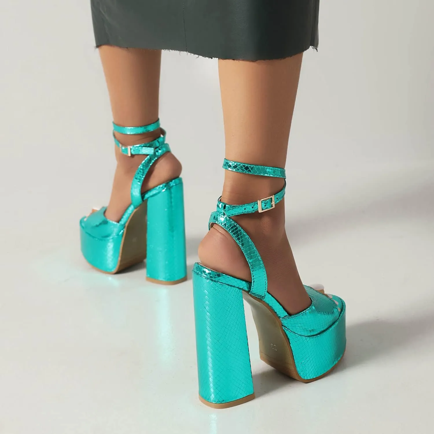 Platform Chunky High Heels Sandals Glitter Sparkle Shoes Metallic Snakeskin Open Toe Block Heel Ankle Wrap Adjustable Buckle Wedding Party Dress Pumps for Women