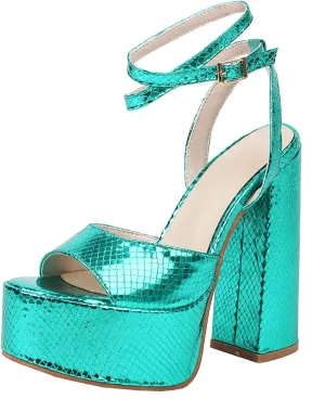 Platform Chunky High Heels Sandals Glitter Sparkle Shoes Metallic Snakeskin Open Toe Block Heel Ankle Wrap Adjustable Buckle Wedding Party Dress Pumps for Women