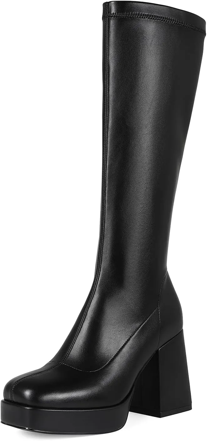 Platform Knee High Boots for Women Block Chunky High Heel Boot Square Toe Long Boots Women’s Elastic Stretchy Boots