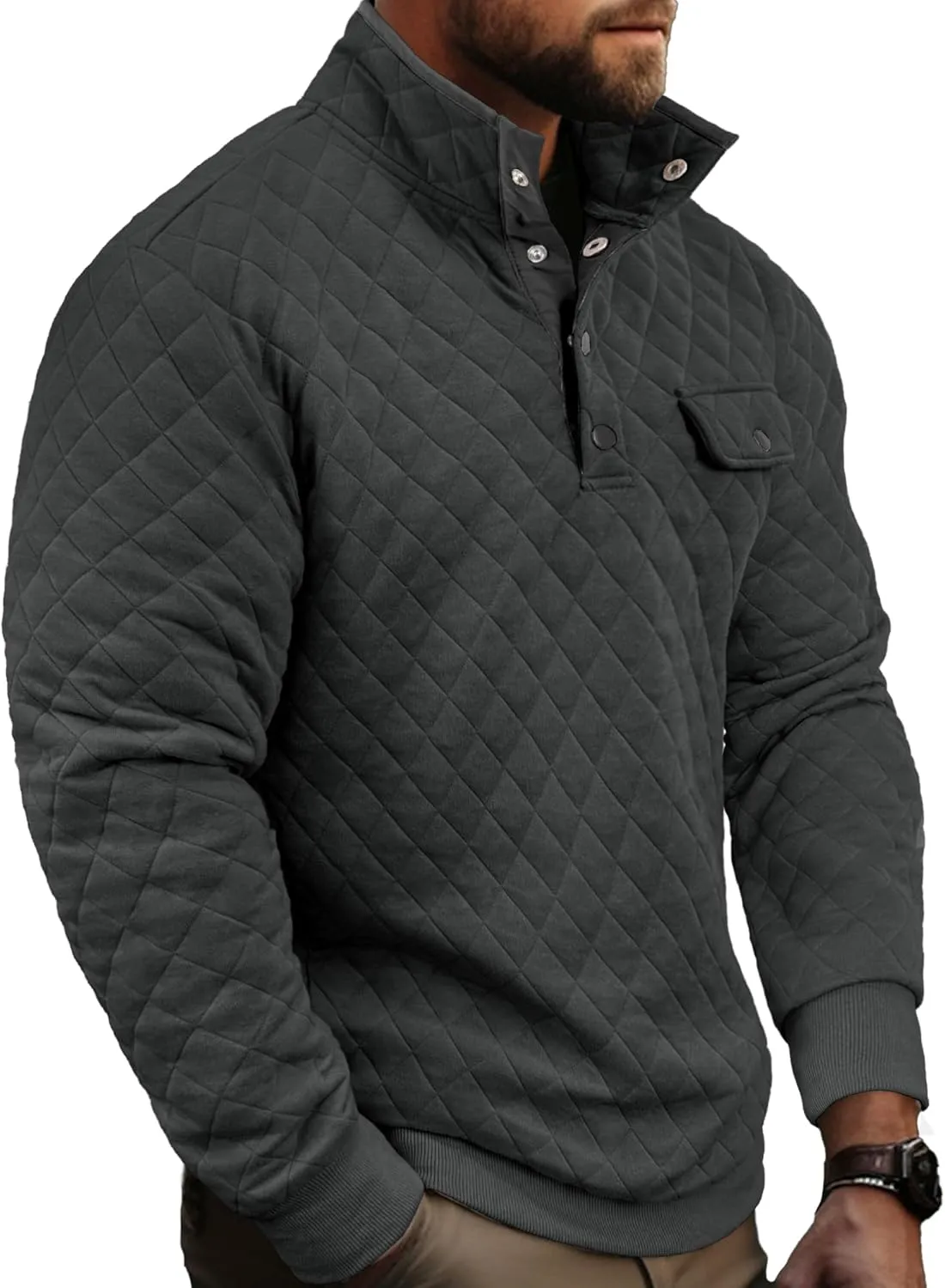 PLEPAN Mens Quilted Sweatshirt Long Sleeve Casual Stand Collar 1/4 Button Pullover Sweatshirts for Men