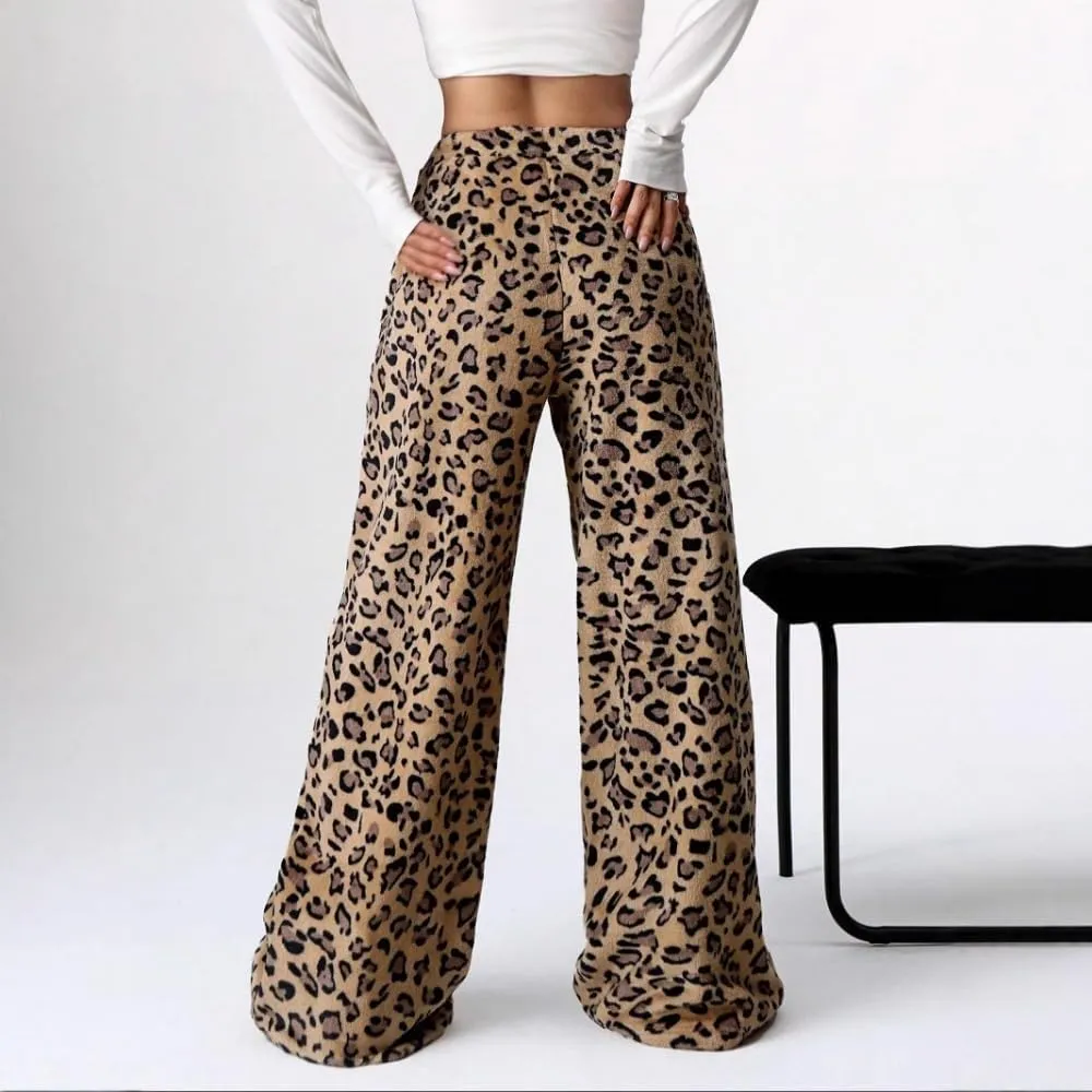 Plush Casual Pants in Spring and Summer, Leopard-Print Pants and Wide-Leg Pants