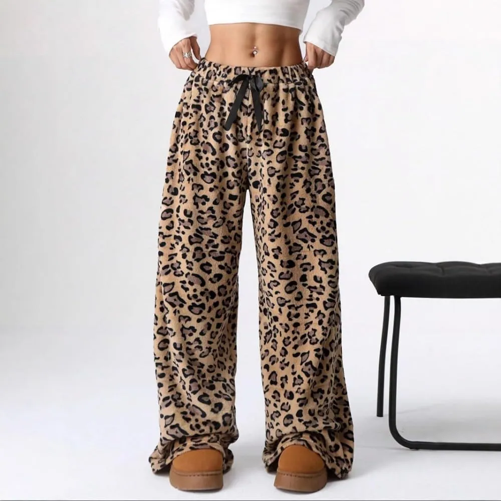 Plush Casual Pants in Spring and Summer, Leopard-Print Pants and Wide-Leg Pants
