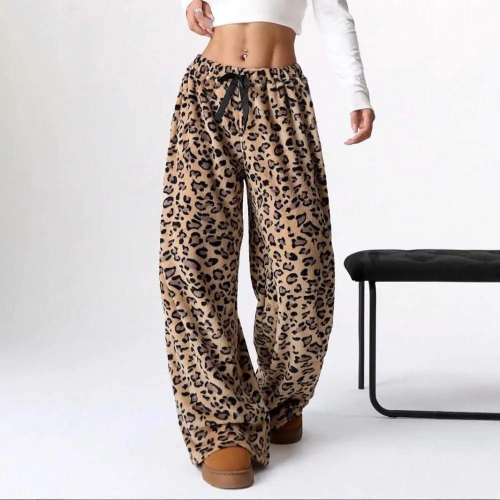 Plush Casual Pants in Spring and Summer, Leopard-Print Pants and Wide-Leg Pants