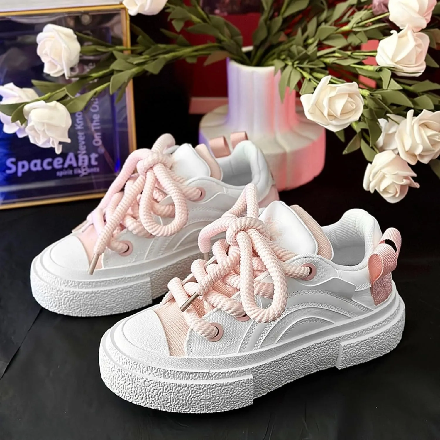 Preppy Chunky Sneakers Men Women, Platform Couple Shoes, Oversized Laces, Height Boost, Y2K Hip Hop JK Streetwear Skate