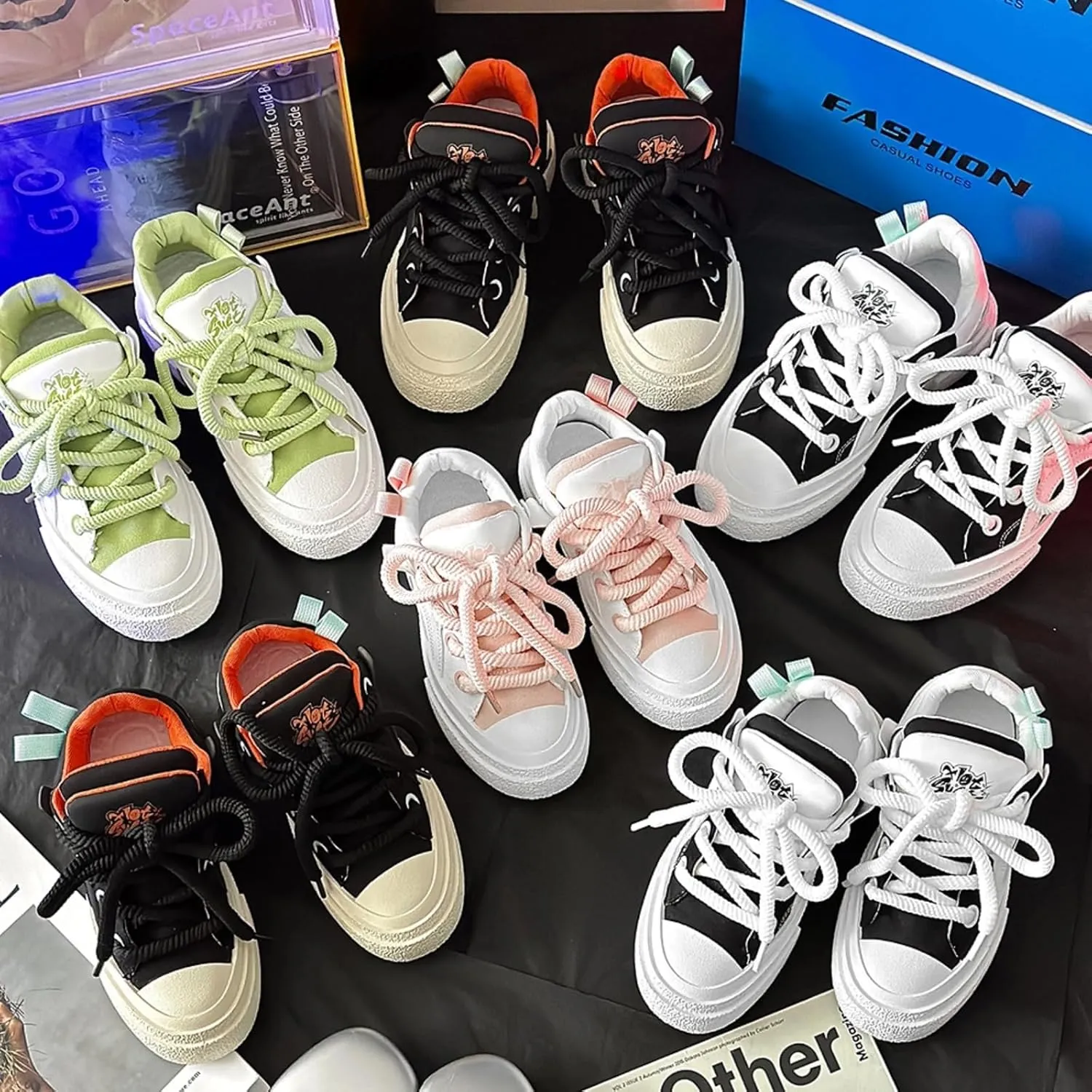 Preppy Chunky Sneakers Men Women, Platform Couple Shoes, Oversized Laces, Height Boost, Y2K Hip Hop JK Streetwear Skate