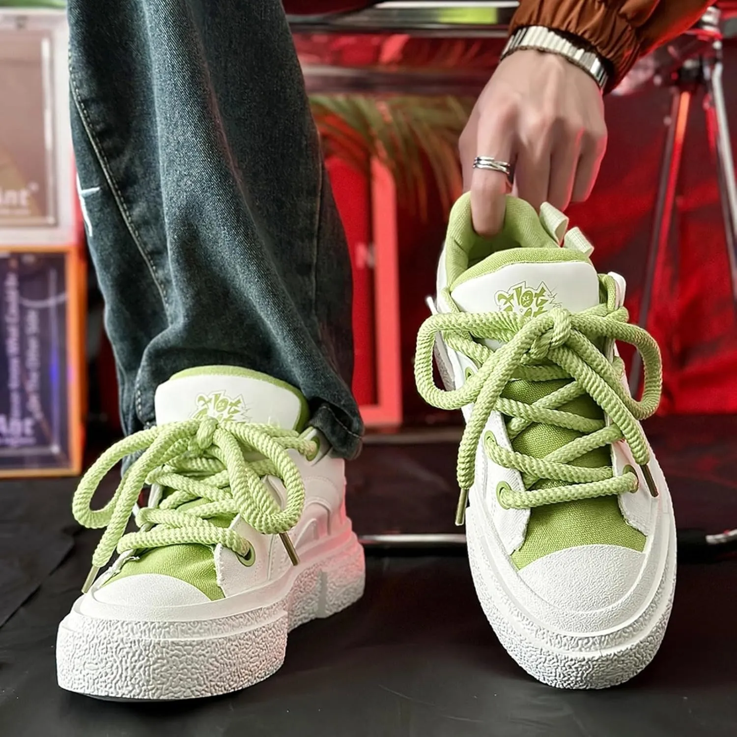 Preppy Chunky Sneakers Men Women, Platform Couple Shoes, Oversized Laces, Height Boost, Y2K Hip Hop JK Streetwear Skate