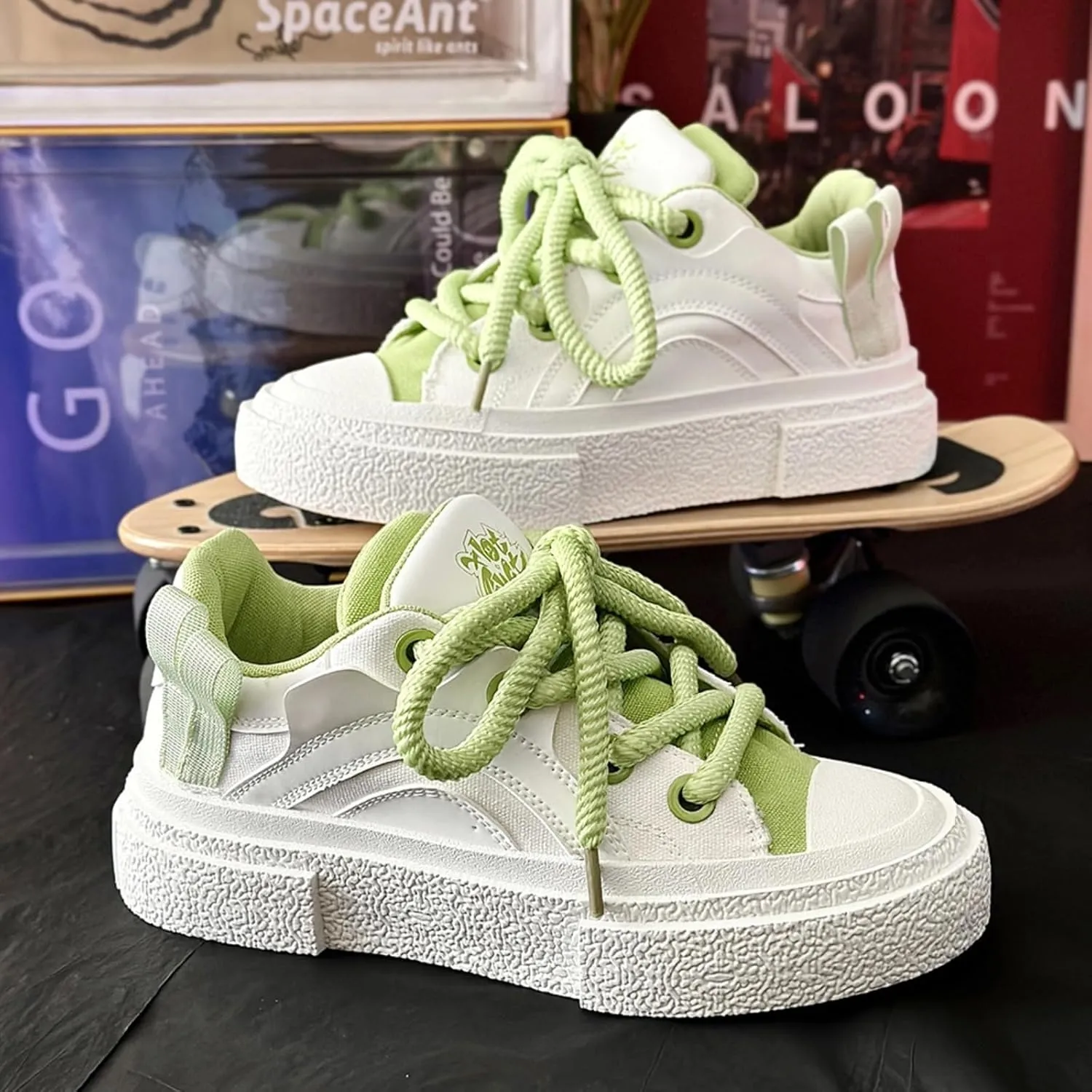 Preppy Chunky Sneakers Men Women, Platform Couple Shoes, Oversized Laces, Height Boost, Y2K Hip Hop JK Streetwear Skate