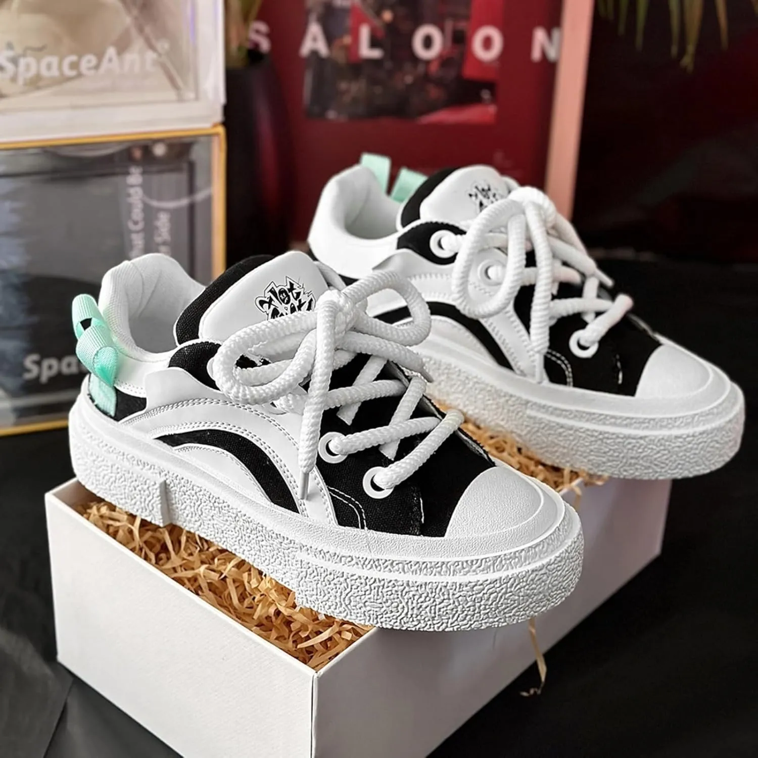 Preppy Chunky Sneakers Men Women, Platform Couple Shoes, Oversized Laces, Height Boost, Y2K Hip Hop JK Streetwear Skate