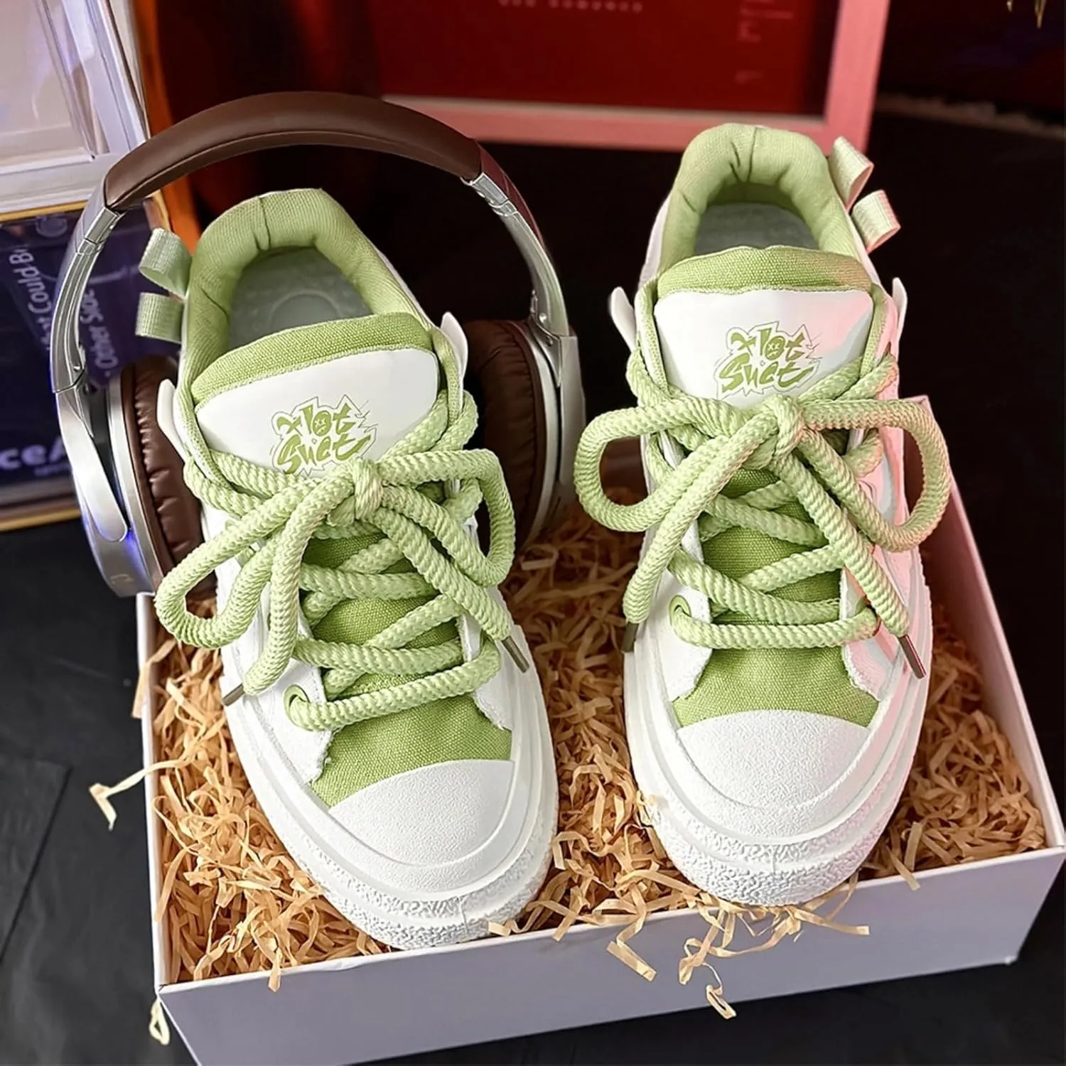 Preppy Chunky Sneakers Men Women, Platform Couple Shoes, Oversized Laces, Height Boost, Y2K Hip Hop JK Streetwear Skate