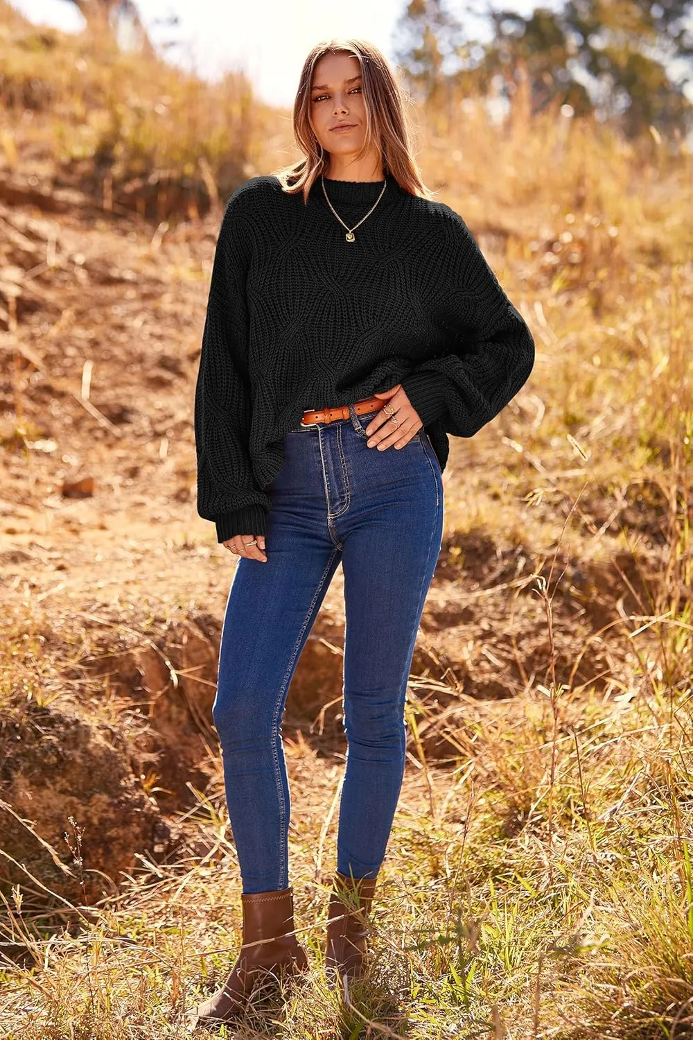 PRETTYGARDEN Women's Fall Oversized Pullover Sweaters Casual Crewneck Long Sleeve Chunky Cable Knit Blouse Top