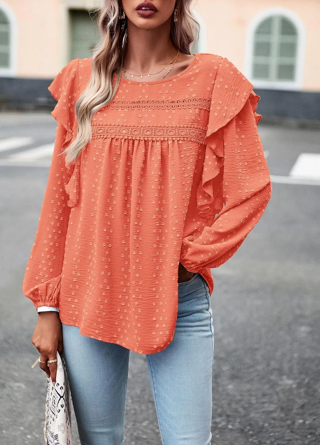 PRETTYGARDEN Women's Long Sleeve Blouses Ruffle Swiss Dot Crochet Loose Fit 2025 Spring Fall Tunic Dressy Casual Tops