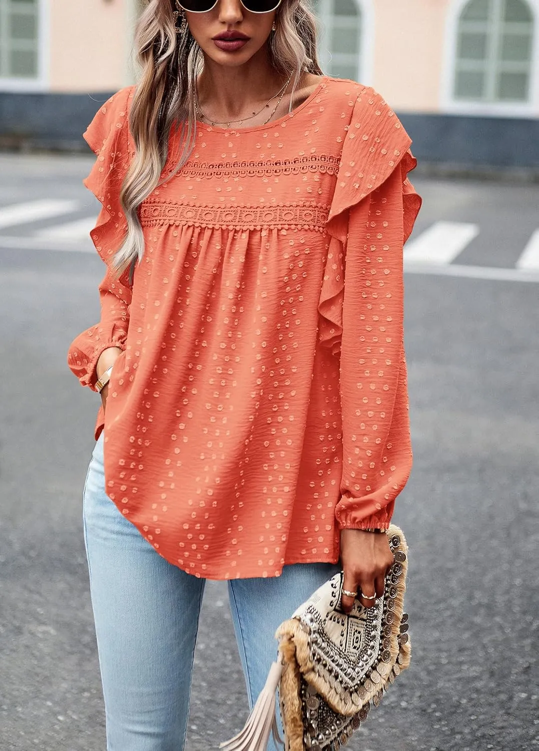 PRETTYGARDEN Women's Long Sleeve Blouses Ruffle Swiss Dot Crochet Loose Fit 2025 Spring Fall Tunic Dressy Casual Tops
