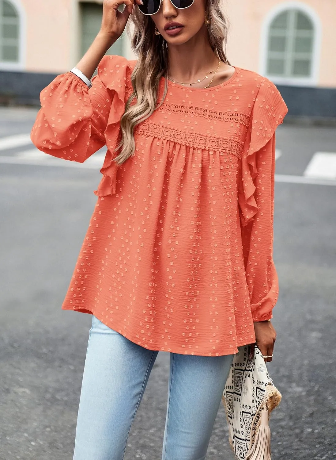 PRETTYGARDEN Women's Long Sleeve Blouses Ruffle Swiss Dot Crochet Loose Fit 2025 Spring Fall Tunic Dressy Casual Tops
